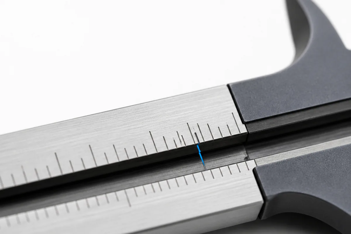 Macro photograph of the vernier scale and jaw of a machinist's calliper, one band of engraved graduations in sharp focus, a single blue index mark aligned on the scale.