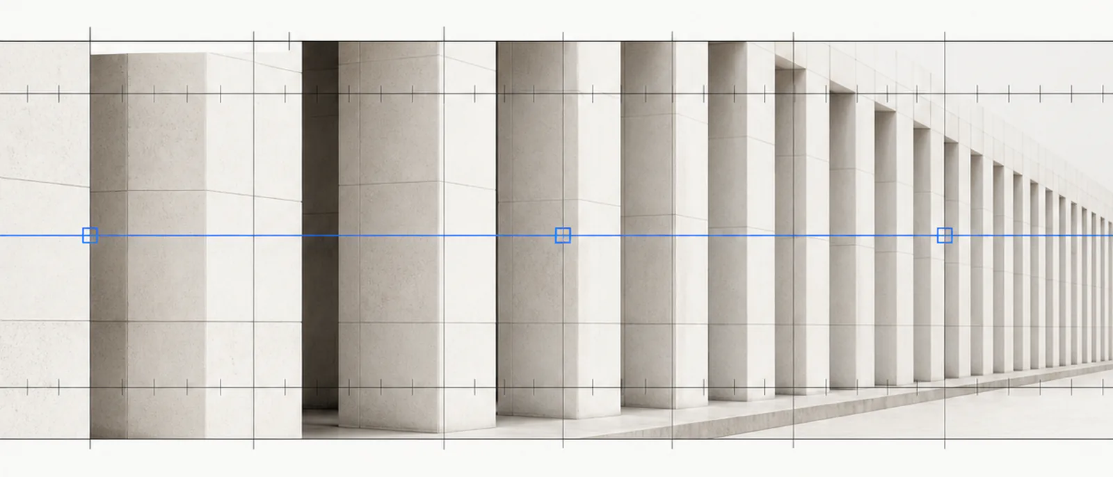 A long colonnade of pale stone piers receding in strict rhythm, overlaid with fine ruled register lines and tick marks in the manner of an audit ledger, with a single blue hairline marking three registration points.