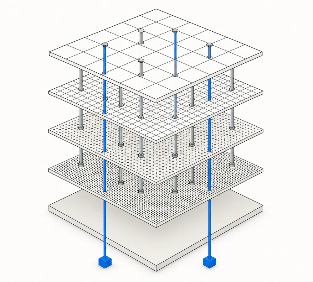 Isometric exploded diagram of five stacked filter planes of increasing density; most vertical paths are stopped at an intermediate layer while two blue paths pass cleanly through every layer and terminate in square nodes below.